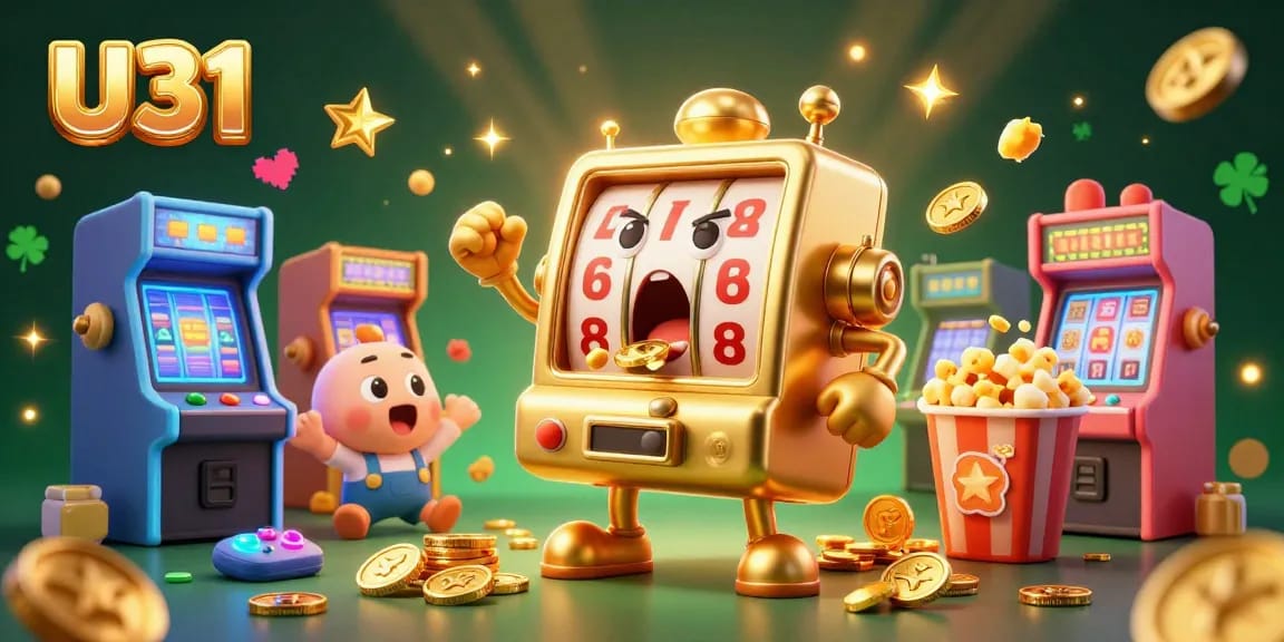 U31 slot machine celebrating a jackpot win with cheering characters and arcade elements, perfect for casino enthusiasts.