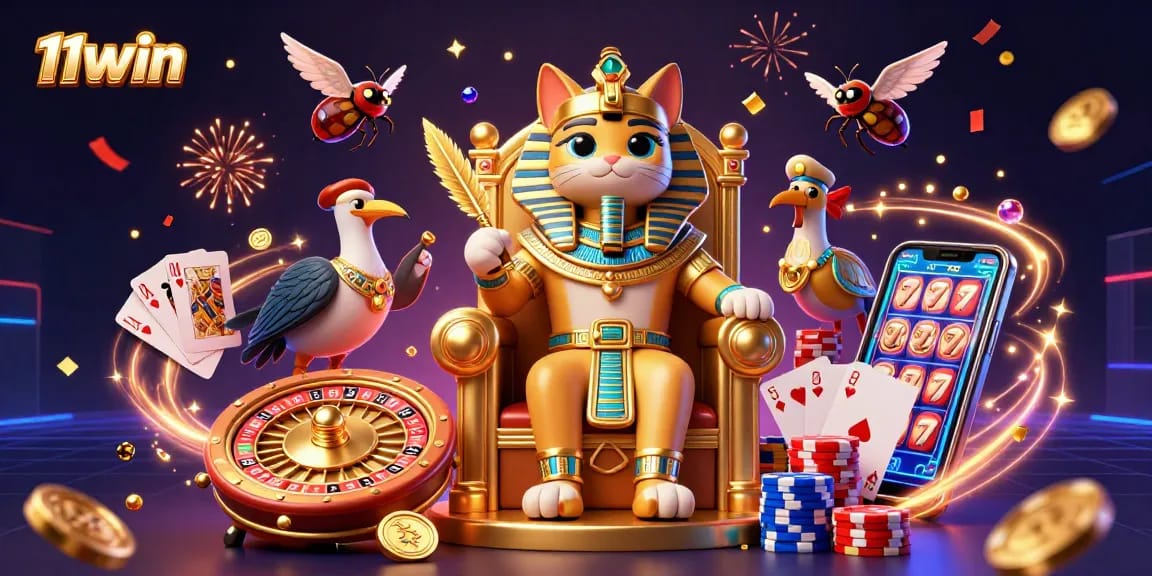 Experience the lavish 11WIN gaming world with an Egyptian pharaoh cat and royal symbols of wealth in a vibrant, thrilling scene.