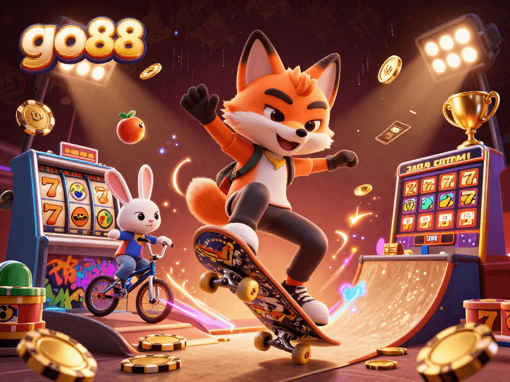 Experience excitement with go88 illustrated in a vibrant casino scene with action-packed characters and elements.