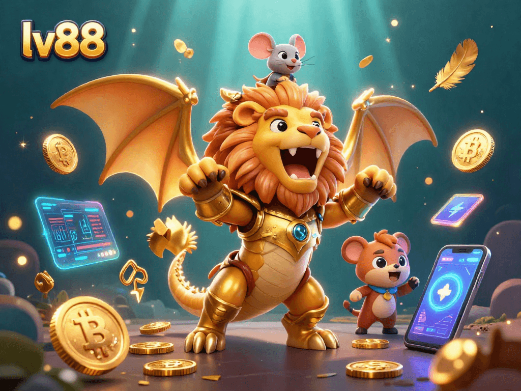 Experience lv88 with a dynamic scene of a chimera, crypto coins, and vibrant casino elements.