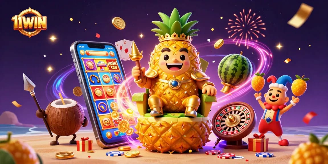 11WIN brings excitement to life with a vibrant casino scene featuring a golden pineapple king and festive elements.