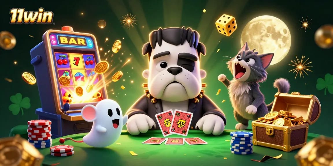11WIN showcases a vibrant 3D casino scene with a funky bulldog and ghostly elements.
