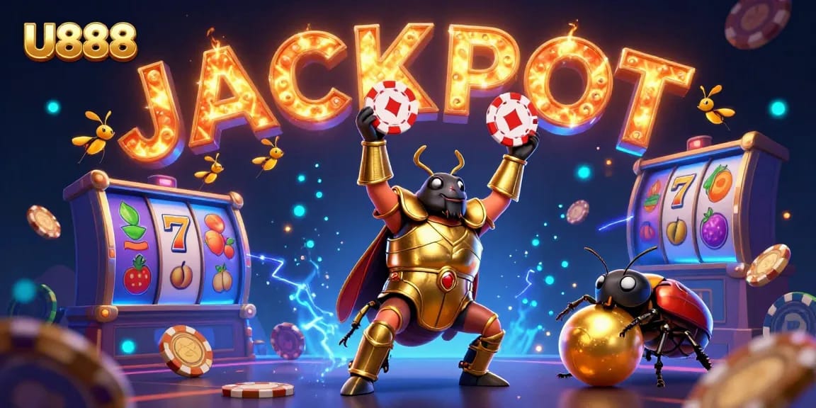 Experience thrilling action at U888 with a vibrant gambling scene featuring heroic beetles celebrating wins.