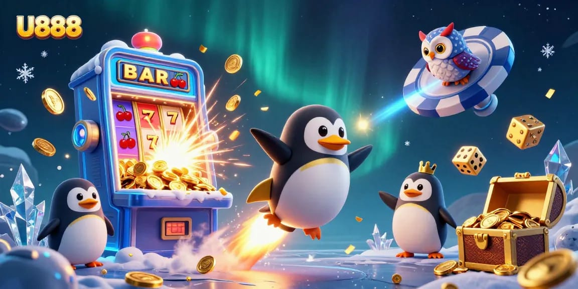 Experience thrilling gaming at U888 with vibrant visuals of a golden penguin and jackpot elements.