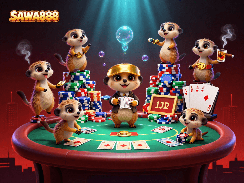 Experience the excitement of SAWA888 with a dynamic meerkat casino scene, vibrant poker elements, and glowing effects.