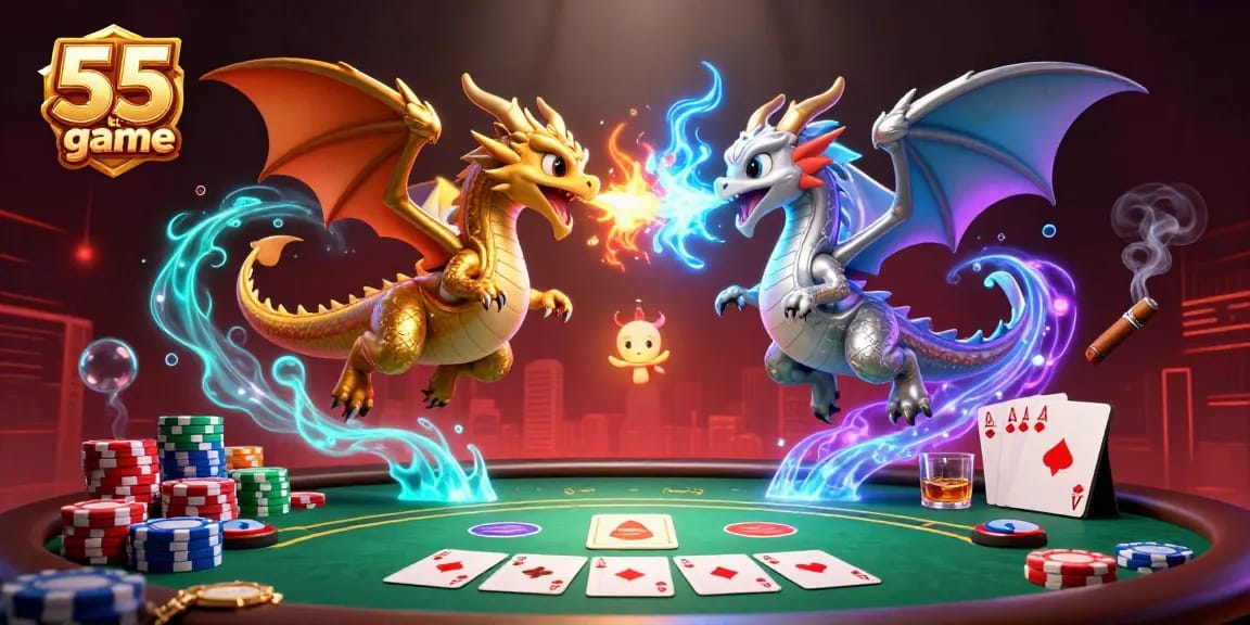 Experience the thrilling 55 club game with dynamic dragon battles amid vibrant poker elements.