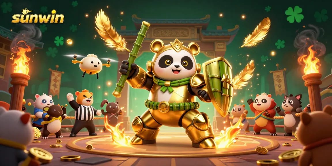 Sunwin arena scene featuring a mech-suit golden panda surrounded by cheering animal spectators and dynamic gaming elements.
