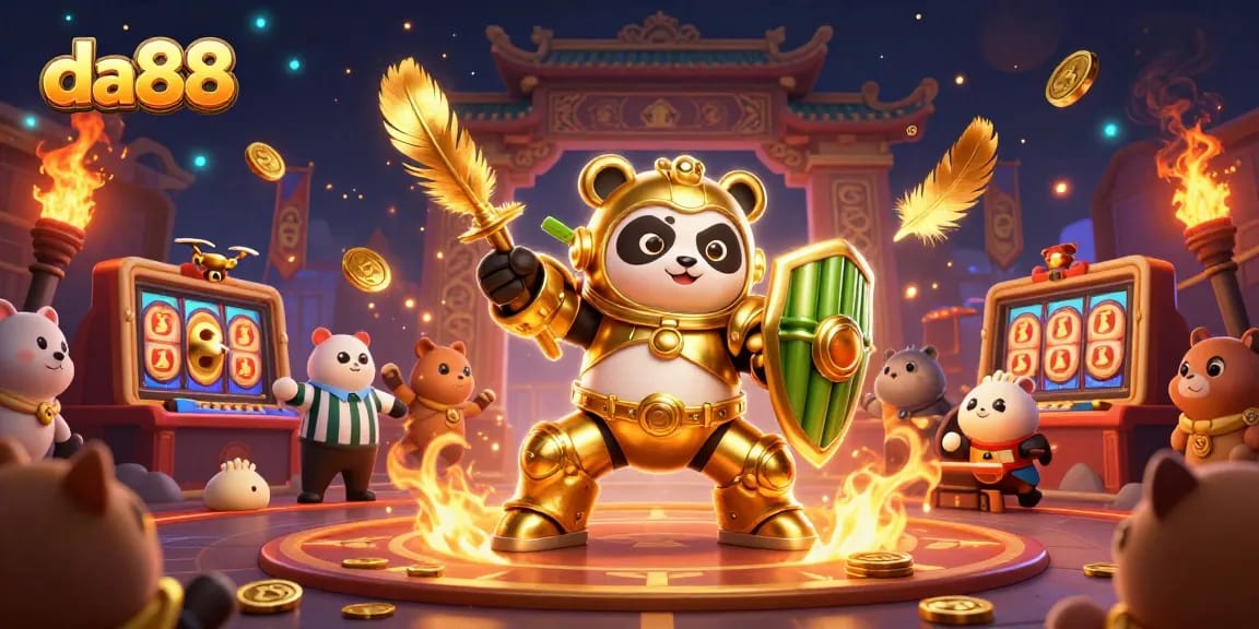 da88 casino scene with golden panda robot amid slot reels and cheering spectators