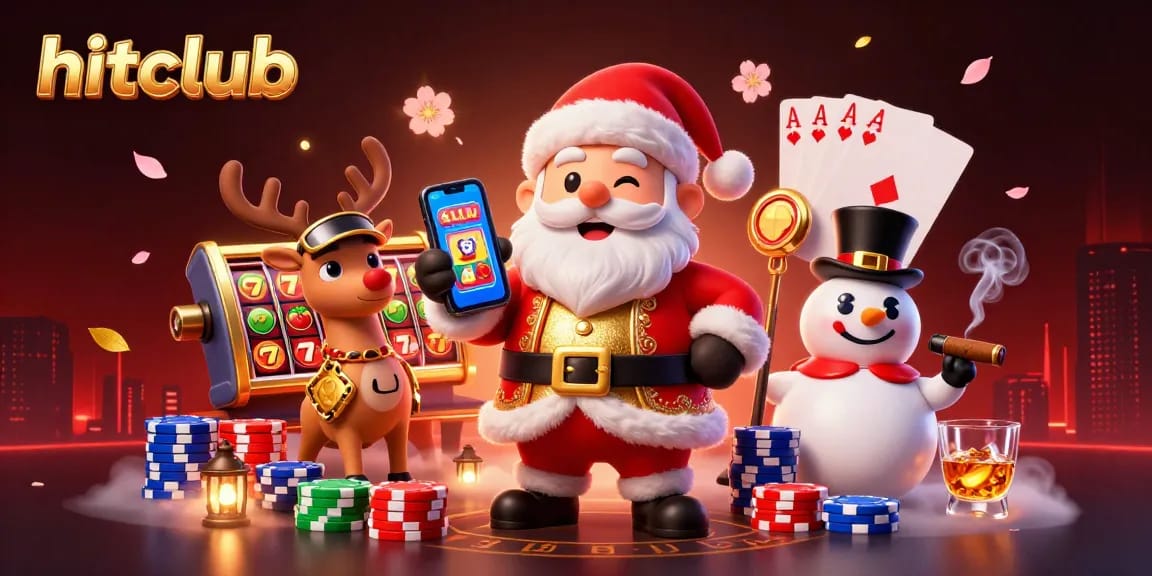 Play exciting slots with hitclub as Santa and friends enjoy a vibrant casino scene.