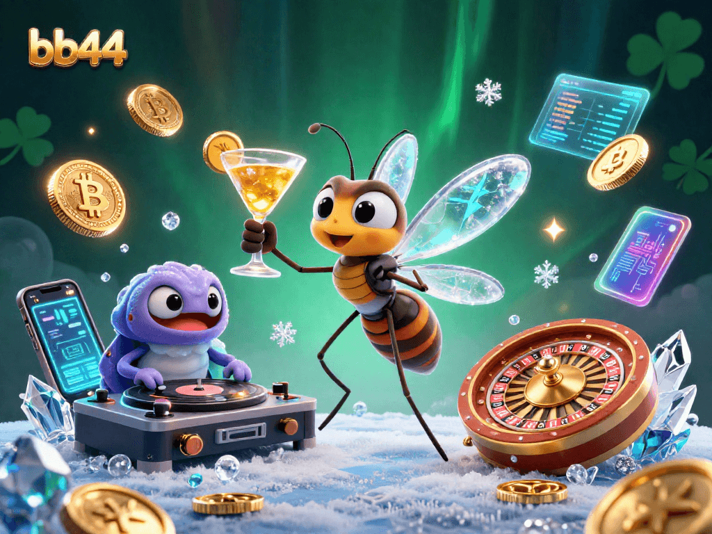 Experience thrilling gameplay at bb44 with cartoon mascots and neon crypto elements.