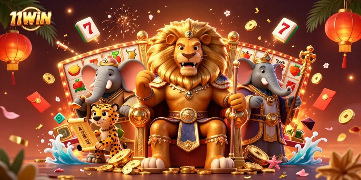 Experience an exciting jackpot scene with the fierce lion king and vibrant slot elements at 11WIN.