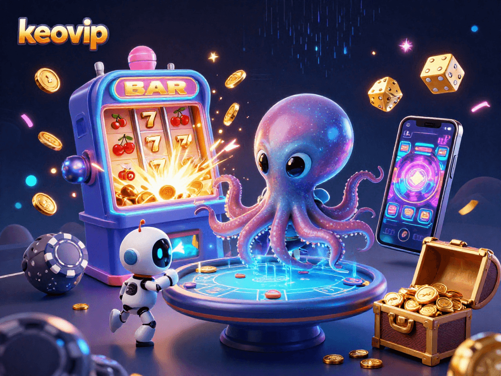 Join the adventure with keovip as the alien octopus deals at the holographic poker table amidst casino excitement.