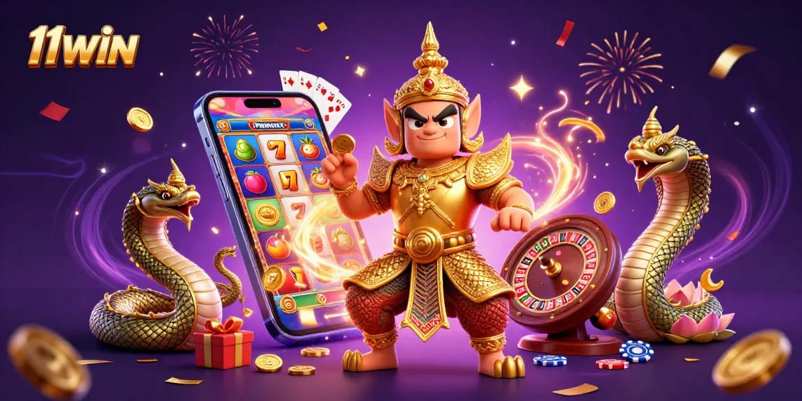 Experience vibrant gaming action with 11WIN's illustration showcasing Thai guardian and slot games.