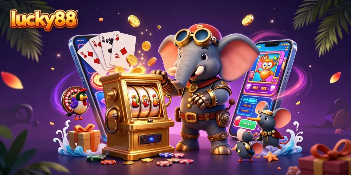 Experience thrilling spins at lucky88 with a steampunk elephant operating a vibrant slot machine.