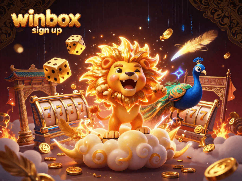 Experience winbox sign up in a vibrant scene filled with golden dice, slot symbols, and casino glamour.