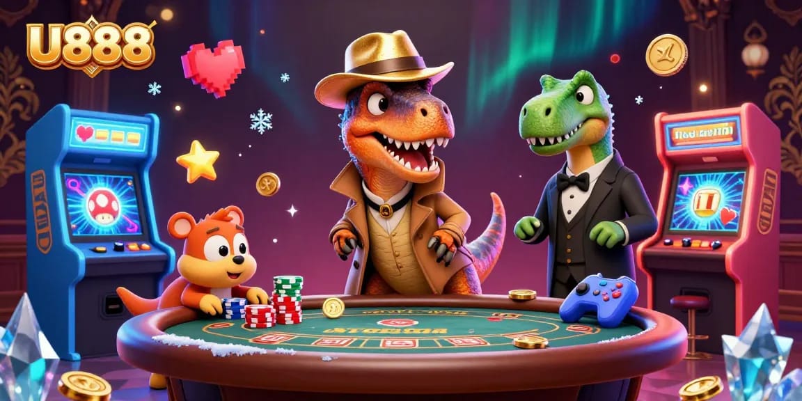 U888 offers a thrilling blackjack experience with a velociraptor card counter and stegosaurus pit boss amidst colorful casino elements.
