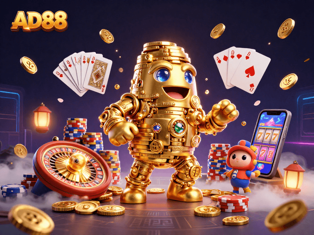 Experience winning excitement at AD88 with slot machines, golden coins, and vibrant casino gameplay.