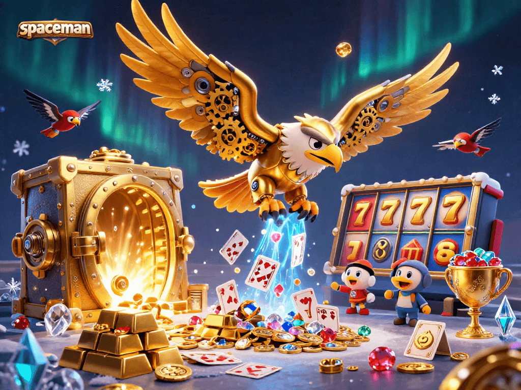 Win big with spaceman at the vibrant slot scene featuring golden treasures and holographic cards.