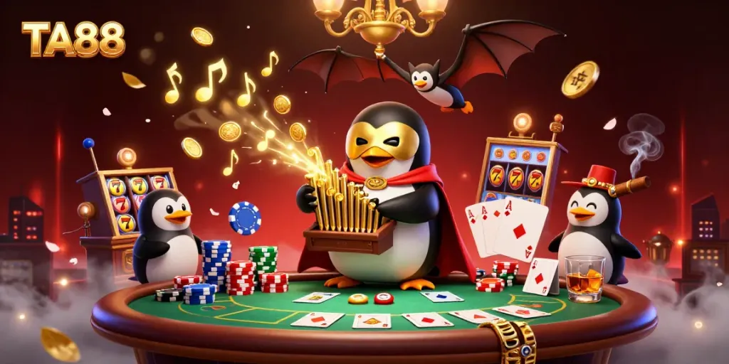 TA88 features a penguin playing a golden pipe organ amidst poker chips and vibrant casino elements.