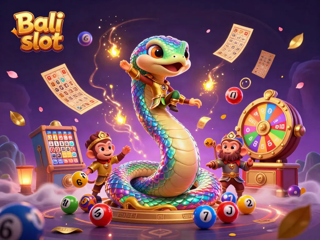 Experience the excitement of Bali slot with vibrant illustrations of a serpent and monkey king amidst lively casino elements.