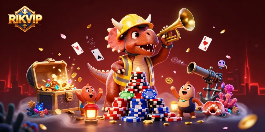 Engage in thrilling gambling adventures with RIKVIP at this vibrant 3D casino illustration.