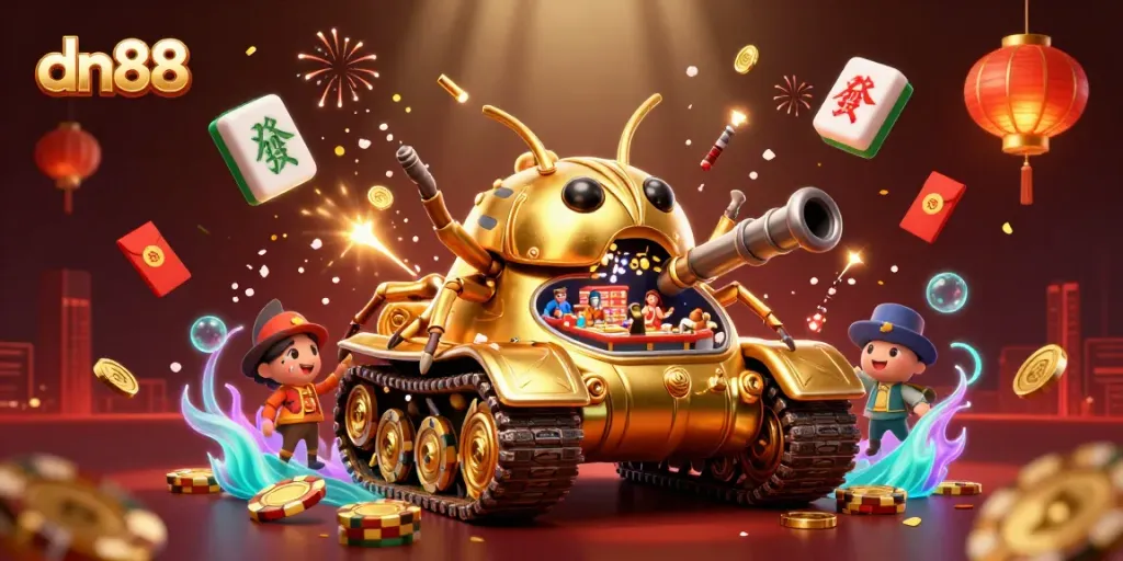 Experience the excitement of dn88 with a vibrant 3D casino scene filled with golden elements and lucky charms.