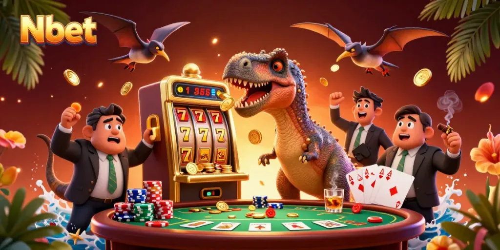 Nbet slots scene with cartoon dinosaurs celebrating a jackpot win in a casino.