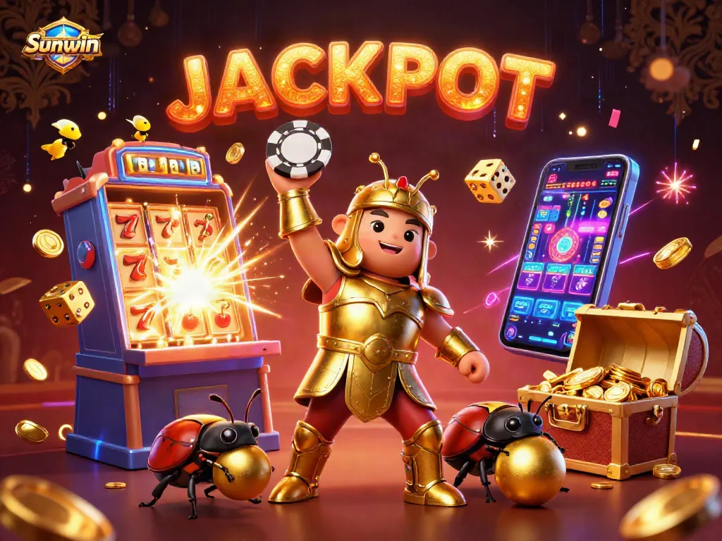 Experience the excitement with Sunwin, as a beetle hero celebrates a jackpot victory in a vibrant casino scene.