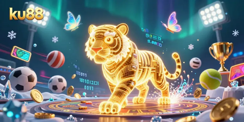 Experience the thrill of ku88's energetic gaming environment with a vibrant golden tiger and dynamic sports elements.