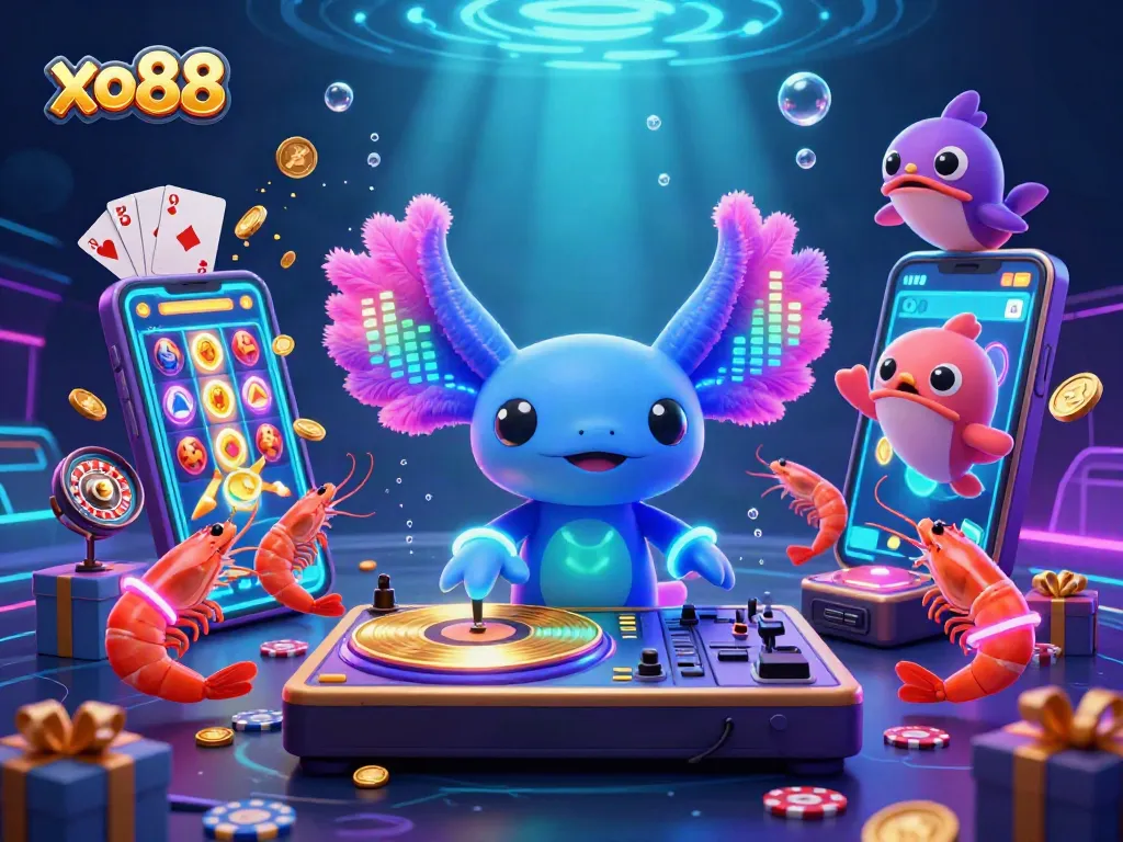 Vibrant xo88 underwater scene featuring an axolotl DJ, shrimp dancers, and casino elements.