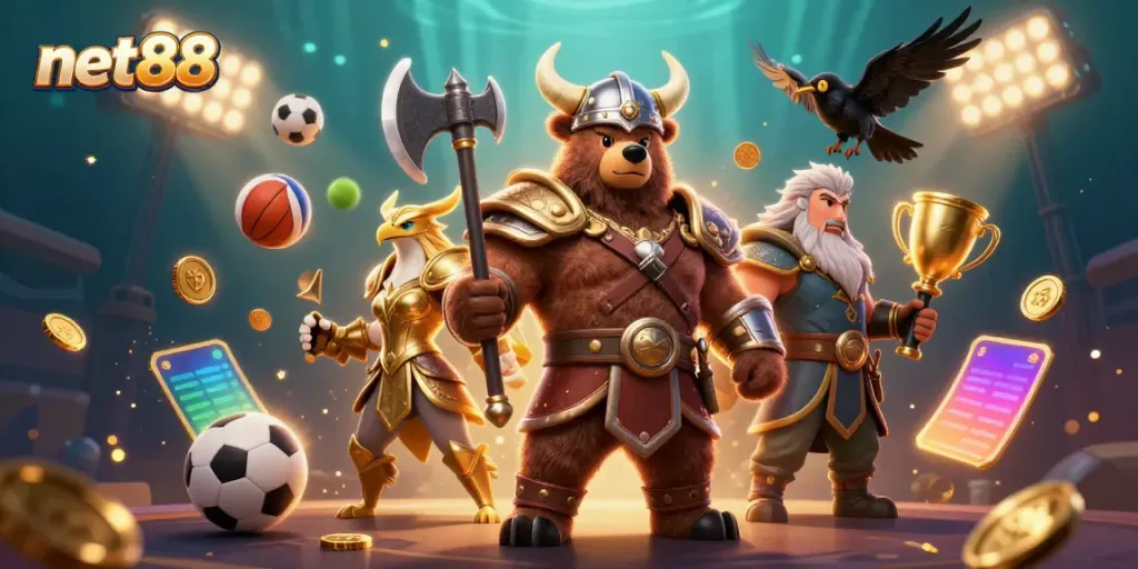 Win big with net88 featuring Viking bear and Valkyrie eagle in dynamic casino scene.