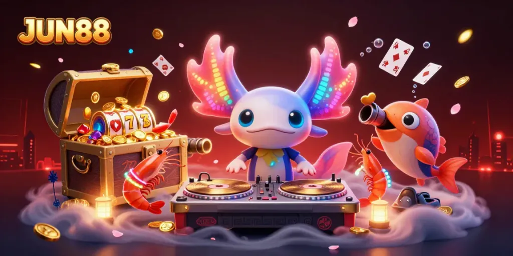 Experience a vibrant JUN88 casino scene where an axolotl DJ spins with shrimp dancers amidst gold coins and slot reels.