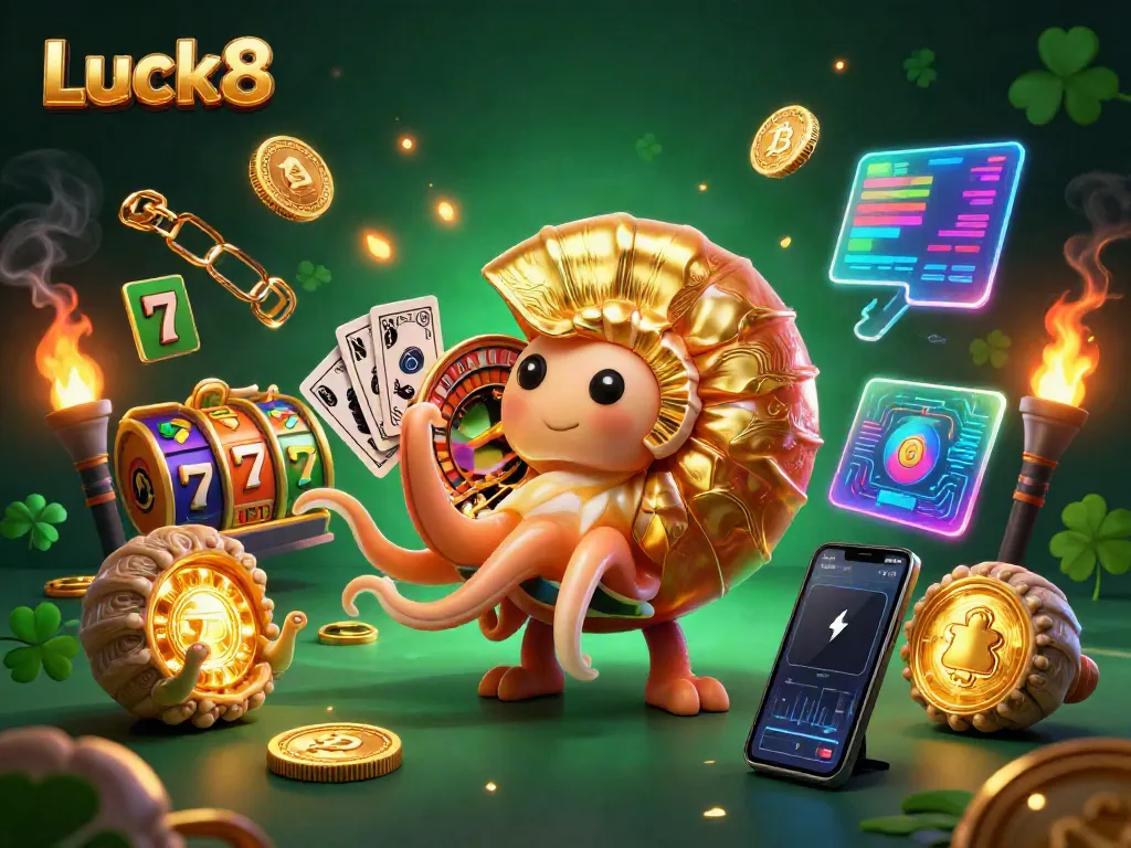 Engage with Luck8’s exciting casino adventure featuring a giant nautilus roulette, cards in tentacles, and vibrant slot reels.
