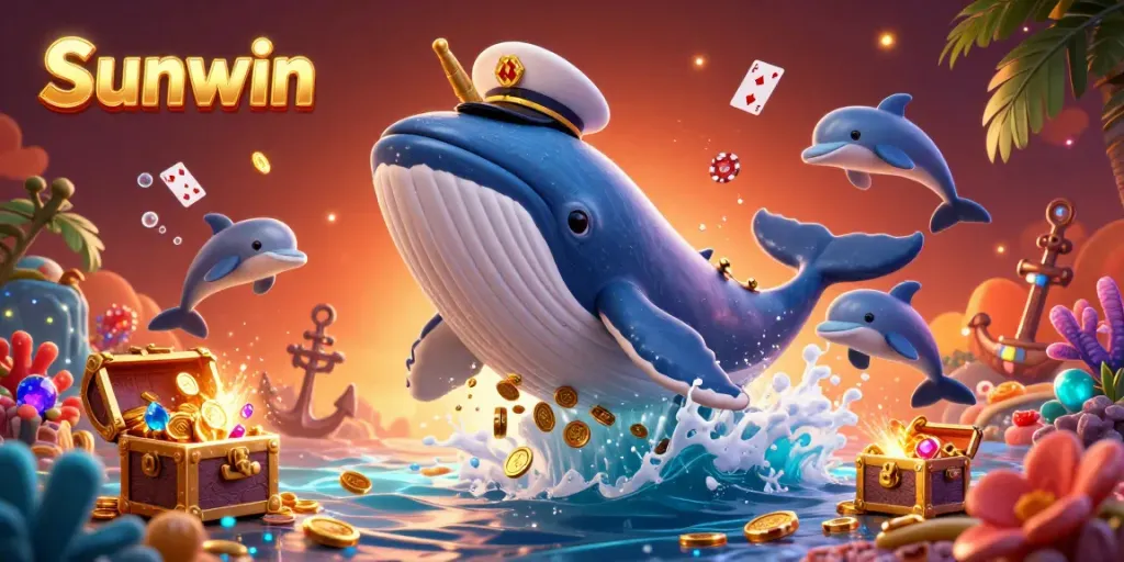 Experience the vibrant casino world with Sunwin, featuring a playful ensemble of a whale, narwhal, and dolphins in a sea of gold coins.