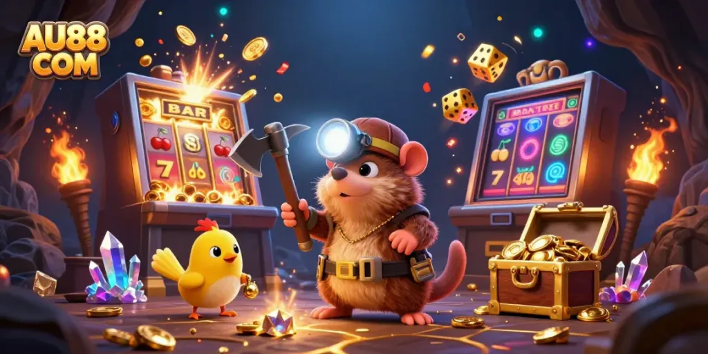 Experience the thrill of AU88 COM with a 3D treasure hunter scene bursting with casino excitement and gold.