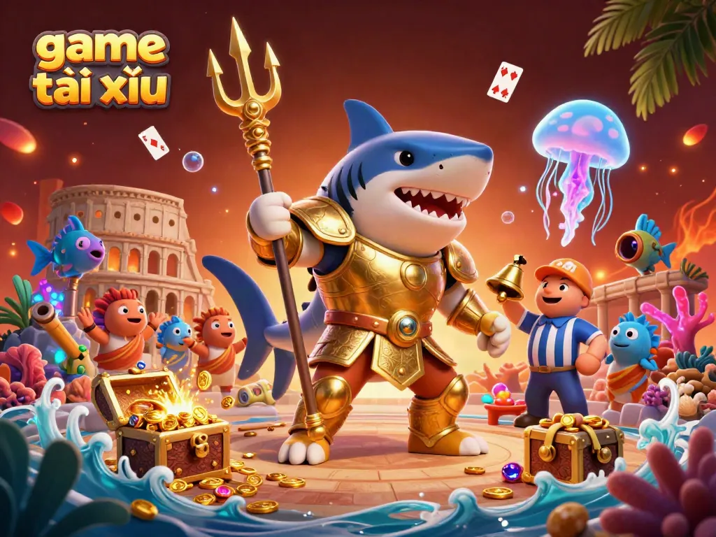 Engage in the thrilling game tài xỉu with an epic underwater battle scene featuring vibrant characters and vivid treasures.