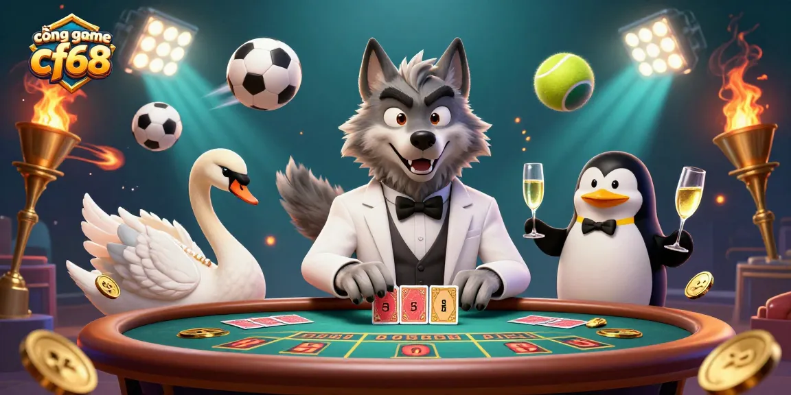 Engage with cổng game cf68 showcasing vibrant characters at a baccarat table with dynamic sports elements.