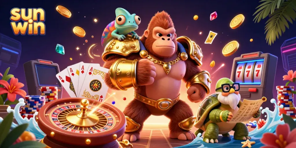 Experience thrilling casino action with sun win’s dynamic gaming characters in a vibrant scene.