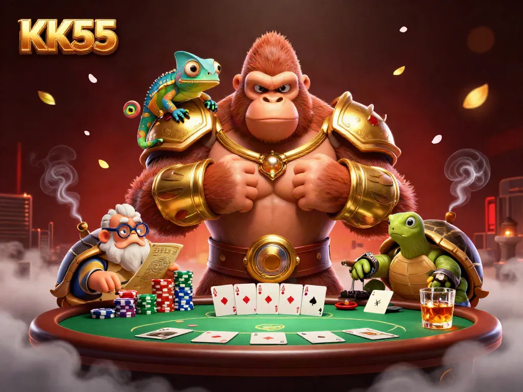KK55 promotes thrilling casino fun with a cartoon gorilla king and chameleon, surrounded by poker elements.