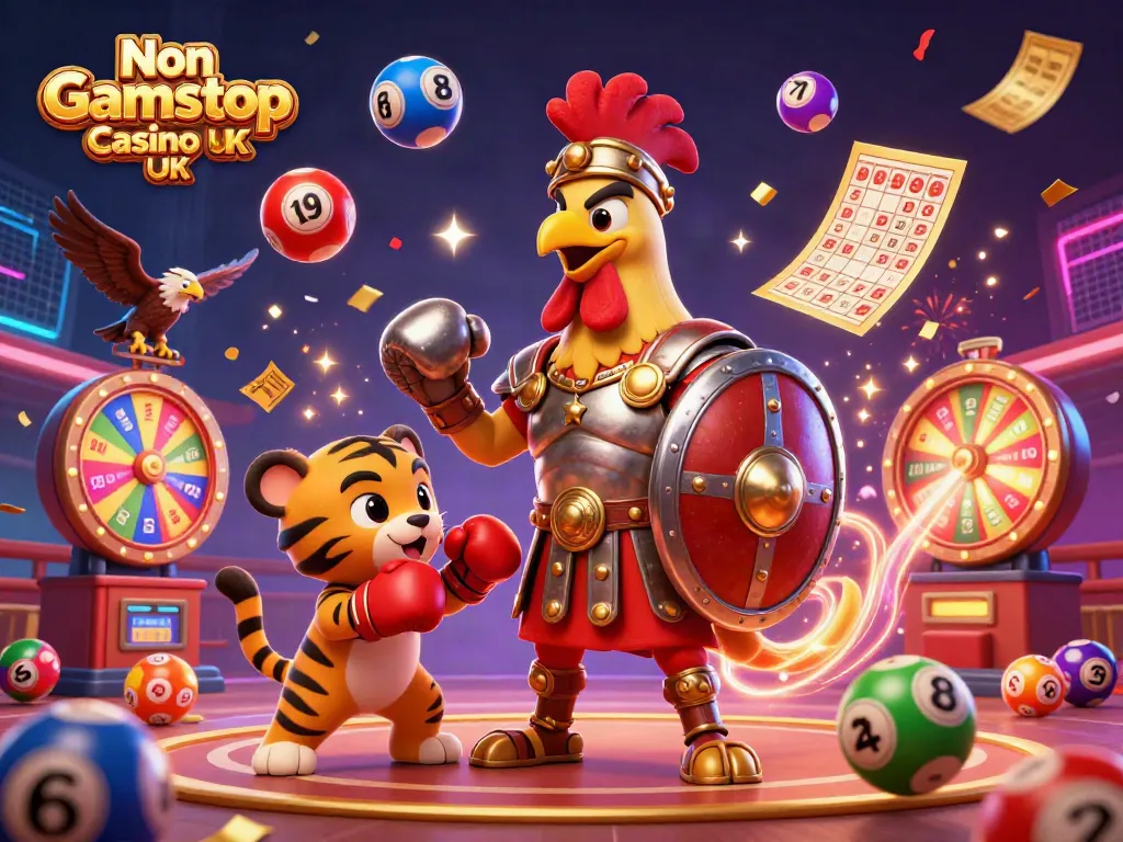 Experience the excitement of Non Gamstop Casino UK with a vibrant 3D digital illustration of a gladiator rooster and casino elements.