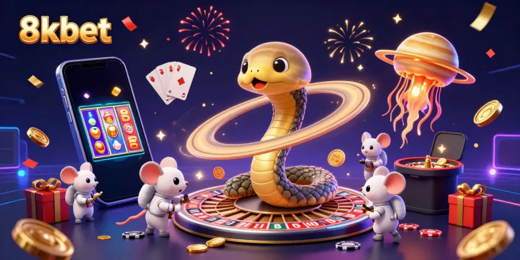 An illustration of astronaut mice betting on the Saturn ring roulette at 8xbet casino, cosmic dealer included.