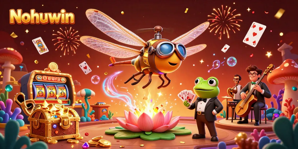 Nohuwin casino scene with dragonfly pilot and frog croupier embracing vibrant gambling action.