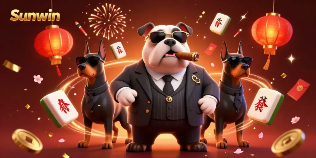 Experience thrilling gaming action with Sunwin as the mafia boss and his bodyguards celebrate among winning symbols and festive decor.
