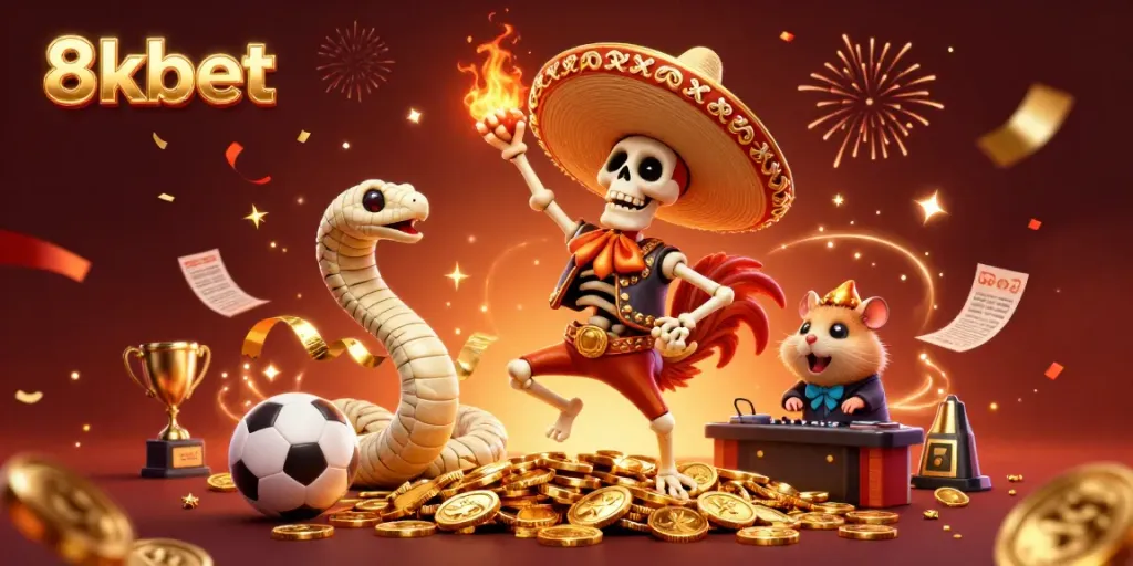 Join the celebration at 8xbet with a dynamic party scene featuring lively characters, gold coins, and sports betting elements.