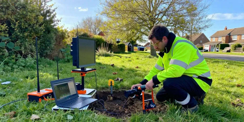 GPR Survey Surrey: Surveyor operating ground penetrating radar equipment in a residential area.