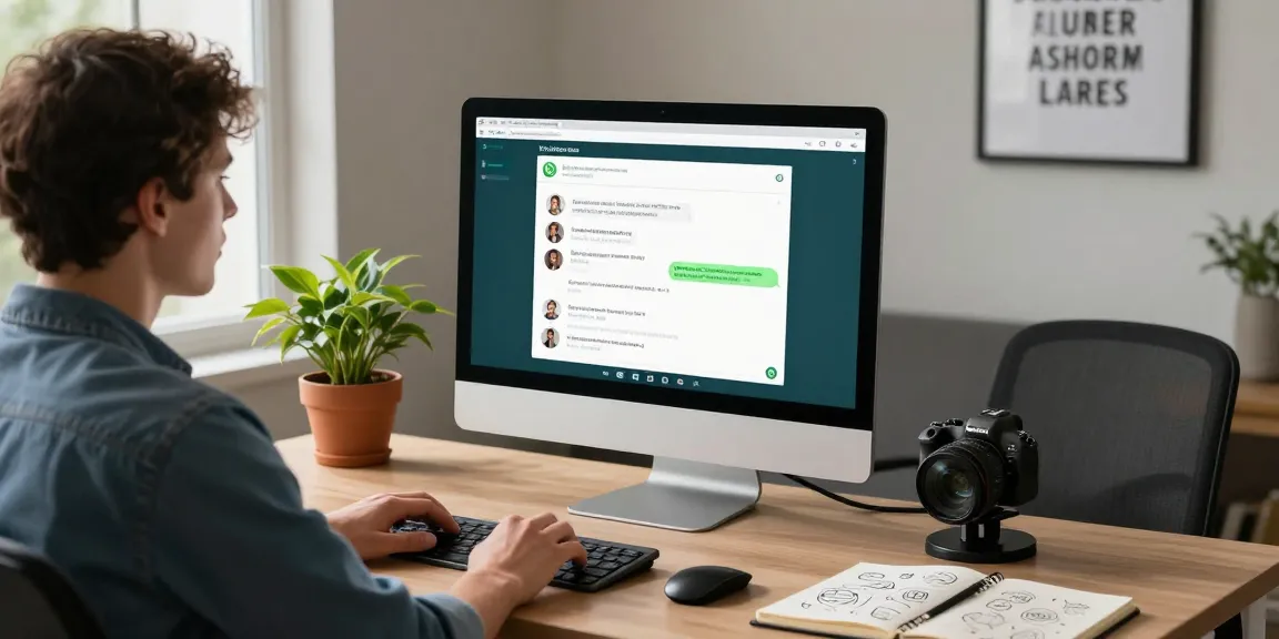 Engaging with WhatsApp電腦版 on modern desktop setup in a cozy home office.