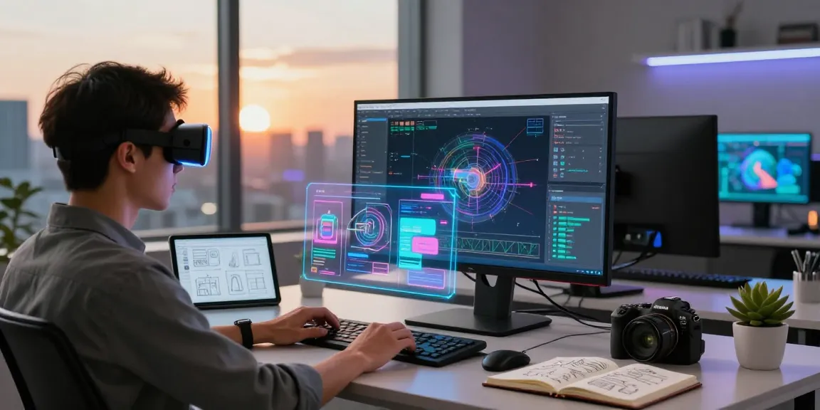 Person using AR glasses in a sleek tech workspace with holographic projections, showcasing futuristic design.