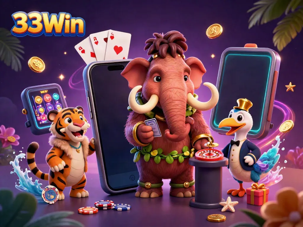 Experience the vibrant gaming atmosphere at 33Win with playful characters and dynamic casino elements.