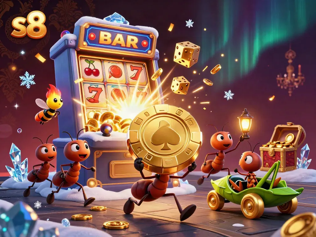 S8 players embark on a thrilling heist with ants carrying a giant poker chip in a vibrant casino world.