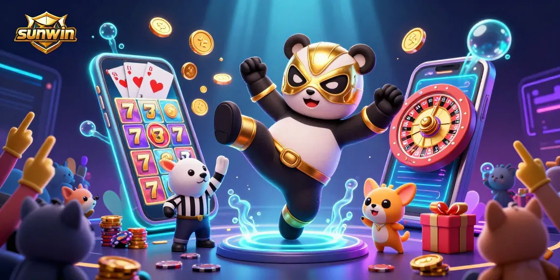 Join the sunwin excitement with a vibrant scene of a panda in wrestling action amidst casino games.